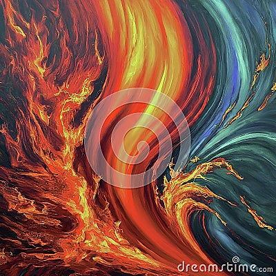 AI generated painting showcasing huge flames of fire and blue waves of water Stock Photo