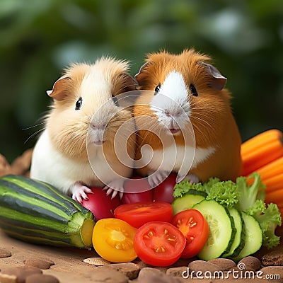 A pair of bonded Guinea Pigs munching on fresh vegetables by AI generated Stock Photo