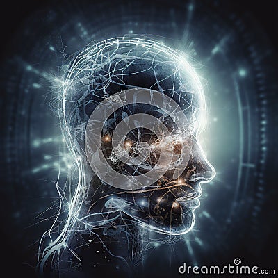 AI generated person head with wires Stock Photo
