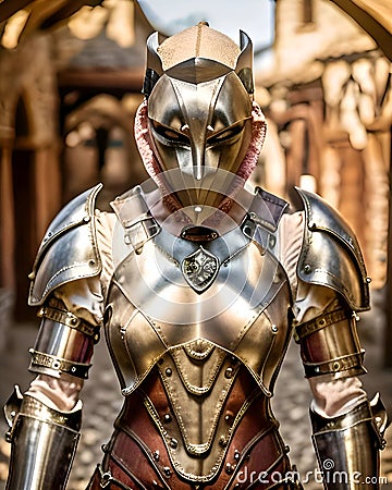 AI generated person in knight protective metal armor against blurred background Stock Photo
