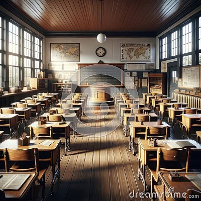 Retro Schoolhouse Interior Architecture Desks Woodwork AI Generated Stock Photo