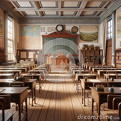 Retro Schoolhouse Interior Architecture Desks Woodwork AI Generated Stock Photo