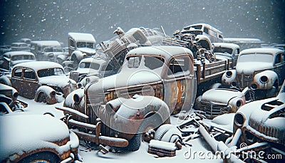 Antique automobile wrecking yard with rusted vintage cars and trucks AI Generated Stock Photo