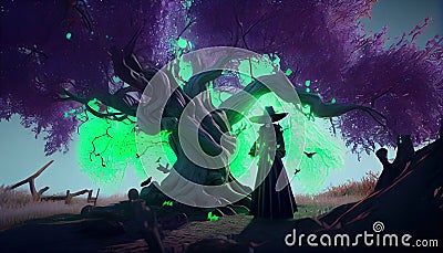 Enchanting Witchcraft Scene Under a Tree, Made with Generative AI Stock Photo