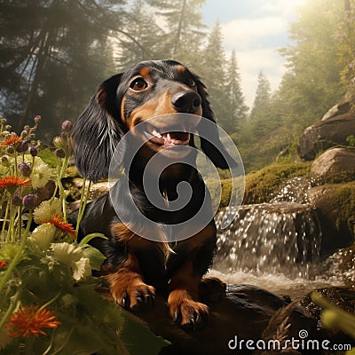 A photorealistic happy Dachshund dog in natural setting by AI generated Stock Photo