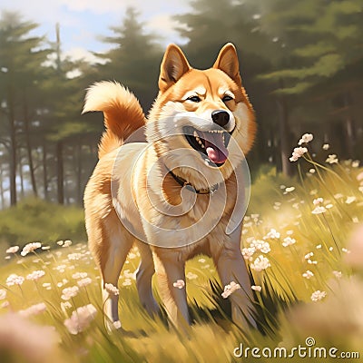 A photorealistic happy Shiba Inu dog in natural setting by AI generated Stock Photo