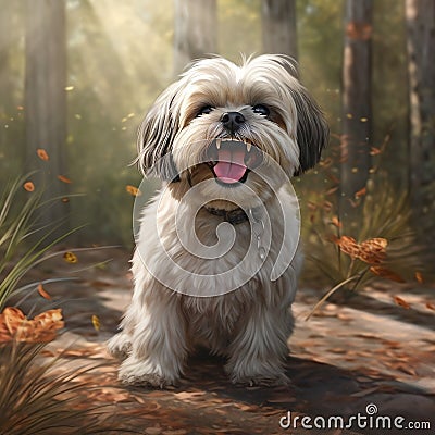 A photorealistic happy Shih Tzu dog in natural setting by AI generated Stock Photo