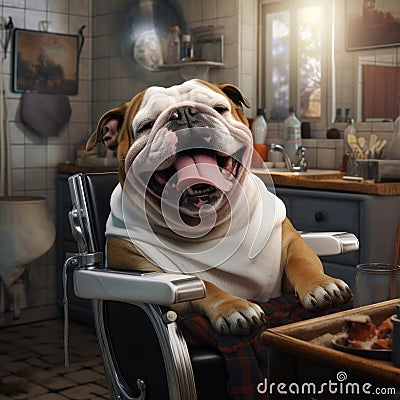 A photorealistic portrait happy Bulldog doing Haircut in grooming pet salon by AI generated Stock Photo