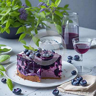 AI generated picture: bluberry cake with juice Stock Photo