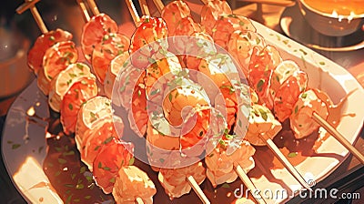 plate of tender and juicy grilled shrimp skewers manga cartoon style by AI generated Stock Photo