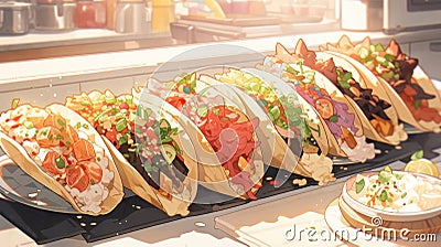 A platter of colorful and flavorful tacos with various fillings with salsa dripping manga cartoon style by AI generated Stock Photo