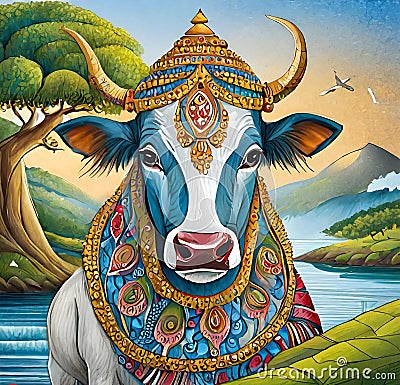 AI generated portrait art of a cow adorning jewellery with a green landscape in the backdrop Stock Photo