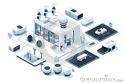 Authentication in security monitoring uses cameras and protective measures to manage systems, integrating alarms for smart home se Cartoon Illustration