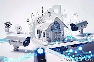 Surveillance and smart network management integrate with secure technologies and hazard detection for comprehensive property prote Cartoon Illustration