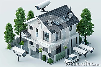 Integrated device communication in security systems ensures camera protection and secure access through tech synchronization and i Cartoon Illustration