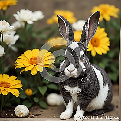 AI generated rabbit (with black and white spots) alongside yellow and white marigold Stock Photo