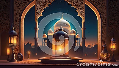 ramadan kareem greeting card background with mosque, lanterns, arabic caligraphy on the starry night skies Stock Photo