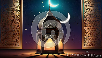 ramadan kareem greetings with big lantern and mosque in the middle, islamic ornaments door, and crescent moon on the starry night Vector Illustration