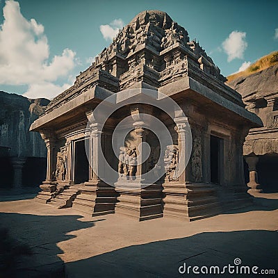 AI generated realistic image of an ancient temple structure in the UNESCO world heritage at Kailash Temple, Ellora, India Stock Photo