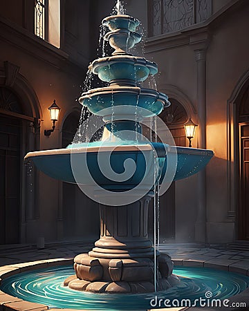 AI generated realistic image of a bluish fountain in a palatial building Stock Photo