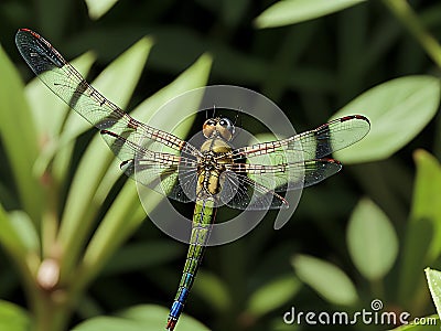 AI generated realistic image of a dragonfly in the midst of green plants Stock Photo