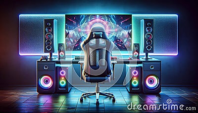 High-tech Equipment Video Gaming Computer Setup Monitor Ergonomic Chair AI Generated Stock Photo