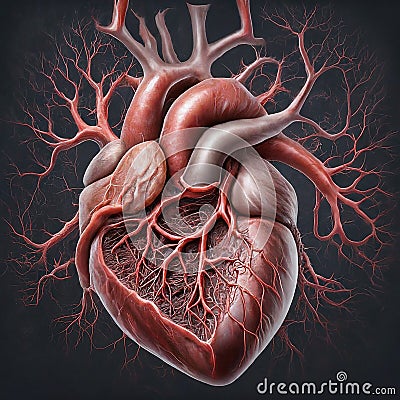 AI generated realistic image of a human heart showing its internal tissues, veins, arteries and muscles. Stock Photo