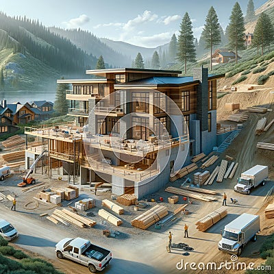 New Modern Exterior Estate Designer Mansion Home House Under Construction AI Generated Stock Photo