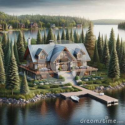 Remote Executive Lodge Lakehouse Wilderness Fishing Chalet Home Exterior Wooden House Construction AI Generated Stock Photo