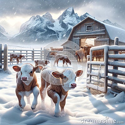 Farming Scene Cows Barn Snowy Winter Farmyard Corral Country AI Generated Stock Photo