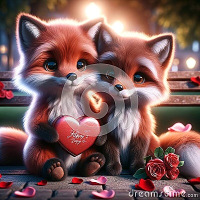 Valentines Day Cute Adorable Couple Foxes Small Animals Forest Woodland Critters Winter Canada AI Generated Stock Photo