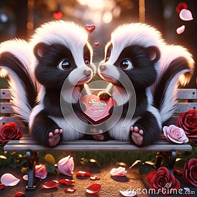 Valentines Day Adorable Lovable Skunks Couple Small Animals Forest Woodland Critters Winter Canada AI Generated Stock Photo