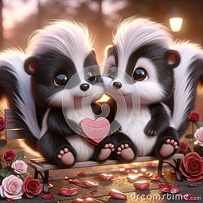 Valentines Day Adorable Lovable Skunks Couple Small Animals Forest Woodland Critters Winter Canada AI Generated Stock Photo