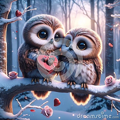 Valentines Day Cute Adorable Pair Owls Small Animals Forest Woodland Critters Winter Canada AI Generated Stock Photo