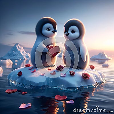 Valentines Day Cute Adorable Pair Penguins Small Animals Forest Woodland Critters Winter Canada AI Generated Stock Photo