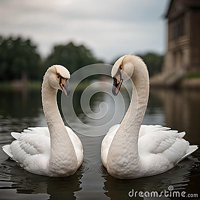 AI generated realistic image of a pair of white swans paddling in a water body Stock Photo