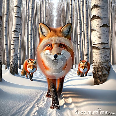 Adorable Red Foxes Wintertime Wilderness Wildlife Snowy Pathway Forest Canada AI Generated Stock Photo