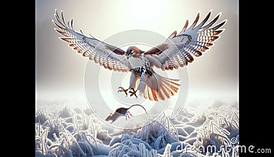 A Red-tailed Hawk about to catch a scurrying mouse in winter AI Generated Stock Photo