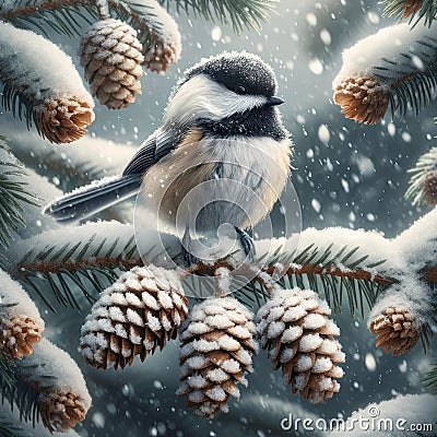 A Chickadee Perched on a Fir Tree Branch during Winter AI Generated Stock Photo