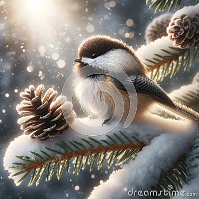 Fluffy Cute Single Mountain Chickadee Perched on a Tree Branch during Winter AI Generated Stock Photo