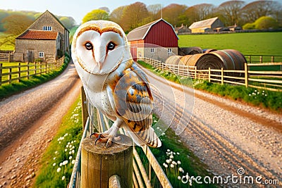 Barn Owl Countryside Springtime Farming Red Barn Fencing AI Generated Stock Photo