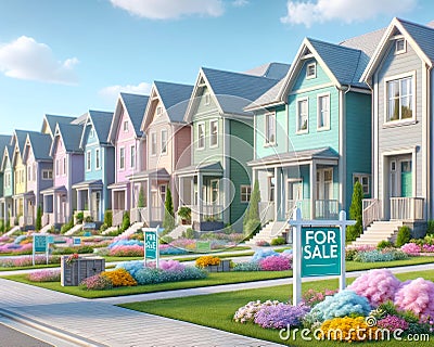 New Home House Construction Subdivision Row Pastel Colors For Sale AI Generated Stock Photo