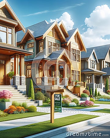 New Home House Construction Subdivision Row Pastel Colors For Sale AI Generated Stock Photo