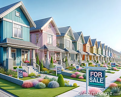 New Home House Construction Subdivision Row Pastel Colors For Sale AI Generated Stock Photo