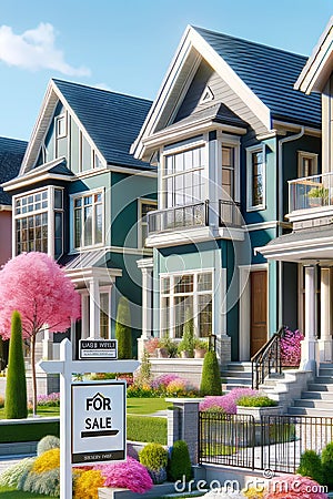 For Sale New Home House Street Construction Subdivision Row Pastel Colors AI Generated Stock Photo