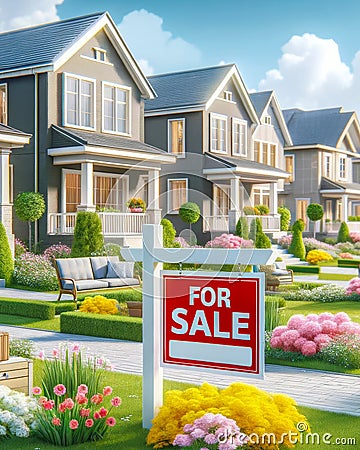For Sale New Home House Street Construction Subdivision Row Pastel Colors AI Generated Stock Photo