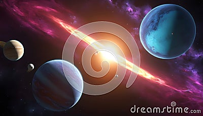 rendering of planets in space with bright sun and ring, colorful milkyway Stock Photo