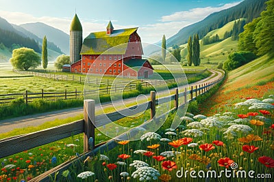 Countryside Gravel Road Springtime Farming Landscape Red Barn Wildflowers AI Generated Stock Photo