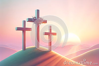 Three Easter Crosses Salvation Sacrifice Crucifixion Jesus Thieves Sunday Risen Morning Sunrise AI Generated Stock Photo