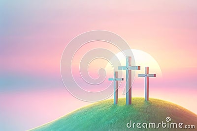 Three Wooden Easter Crosses Salvation Sacrifice Crucifixion Jesus Thieves Sunday Risen Morning Sunrise AI Generated Stock Photo